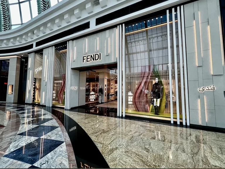 Fendi, boutique shopfront in mall, fit-out by HQI Contracting