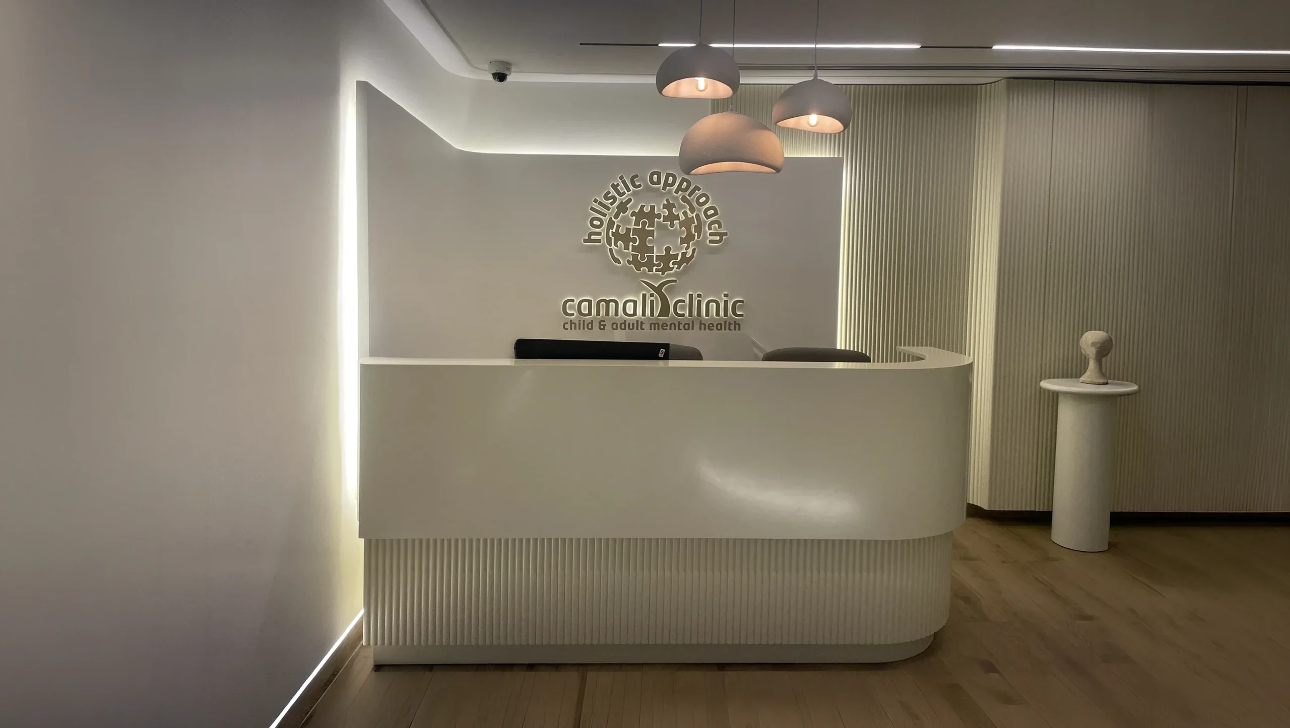 Camali Clinic, reception desk, fit-out by HQI Contracting