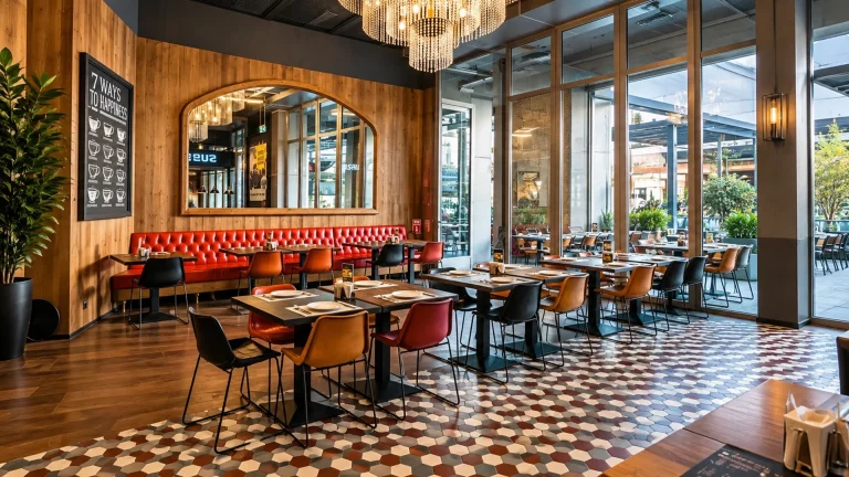 Scoozi, dining area with tiled floor, fit-out by HQI Contracting